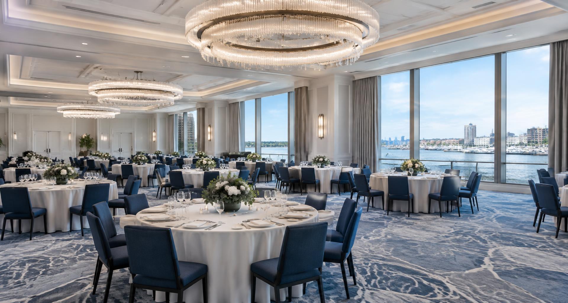 AI-generated waterfront ballroom visualization from the Hilton Harbor Bay example widget